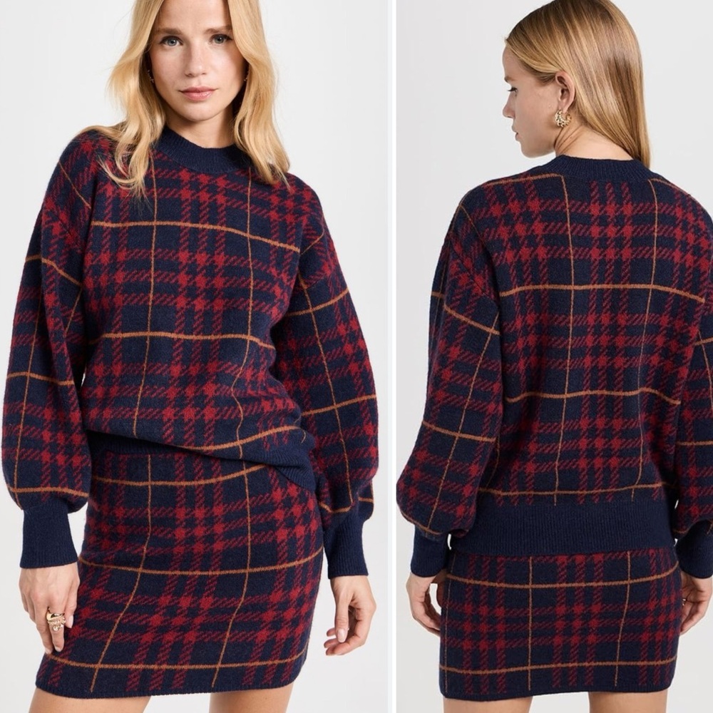 En Saison Brontë Sweater Dress Size M Navy Blue Plaid Red Acrylic Nylon Mini